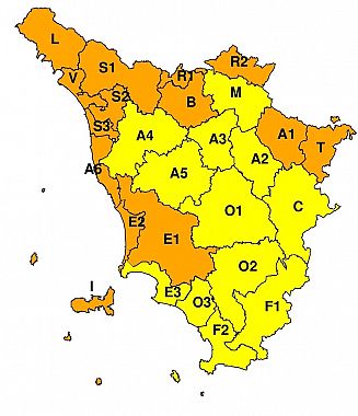 La mappa dell'allerta della Regione Toscana