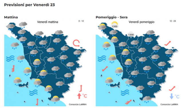 Le previsioni del consorzio Lamma per il 23 Febbraio in Toscana mappa